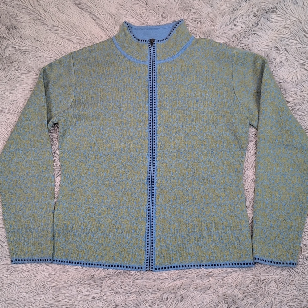 Vintage Neve Designs Sweater Womens L Blue Green Cardigan Zip Up Wool Comfort